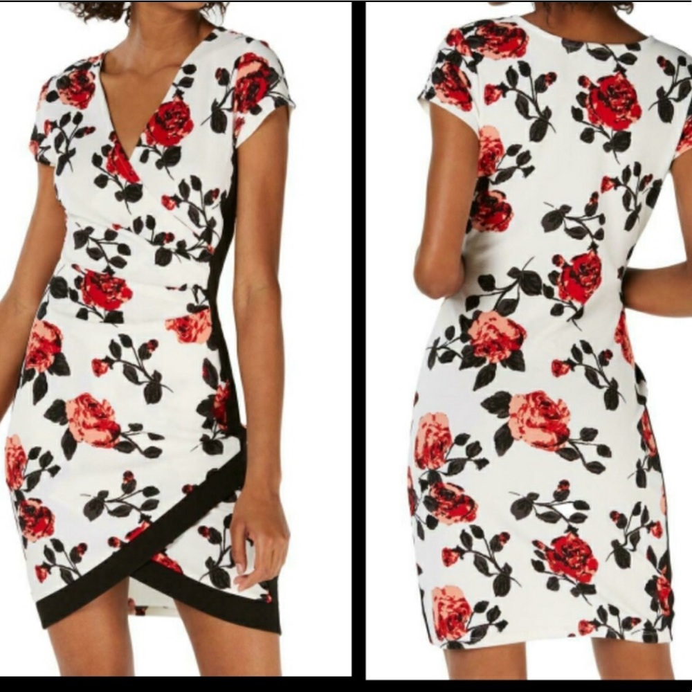 Almost Famous White Floral Wrap-Style Dress with Red Roses